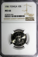 TONGA Copper-Nickel 1981 10 Seniti  NGC MS66 KEY DATE TOP GRADED KM# 69  (091)