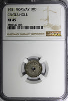 NORWAY Haakon VII 1951 10 Ore CENTER HOLE NGC XF45 KM# 383 (088)