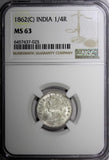 India-British Victoria Silver 1862 (C) 1/4 Rupee Calcutta NGC MS63 KM# 470 (025)