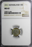 Netherlands Wilhelmina I Silver 1911 10 Cents NGC MS62 RAINBOW TONING KM# 145