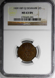 Denmark Frederik VIII Bronze 1909 2 Ore NGC MS63 BN KEY DATE KM# 805