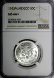 MEXICO ESTADOS UNIDOS Silver 1943 M 50 Centavos NGC MS66+ PLUS GEM KM# 447 (050)