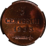 San Marino Bronze 1936-R 5 Centesimi NGC MS65 RB Mintage-200,000 KEY DATE KM# 12