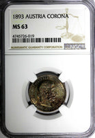 AUSTRIA Franz Joseph I Silver 1893 1 Corona NGC MS63 TONED KM# 2804