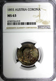 AUSTRIA Franz Joseph I Silver 1893 1 Corona NGC MS63 TONED KM# 2804