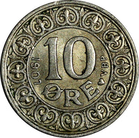 Denmark Frederik VIII Silver 1907 VBP; GJ 10 Ore UNC Condition KM# 807 (15 052)