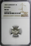German BAVARIA Ludwig I Silver 1853 1 Kreuzer NGC MS66 1 GRADED HIGHEST KM799/72