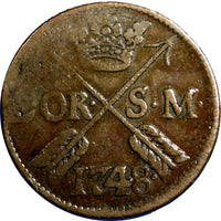 Sweden Frederick I 1748 2 Ore, S.M.Low Mintage-461,000 Better Details KM# 437