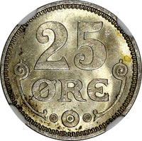 Denmark .Christian X Silver 1913 VBP GJ 25 Ore NGC MS64 KM# 815.1 (145)
