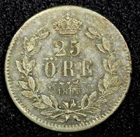 SWEDEN Oscar I Silver 1856 S.T. 25 Ore XF KM# 684 (22 553)