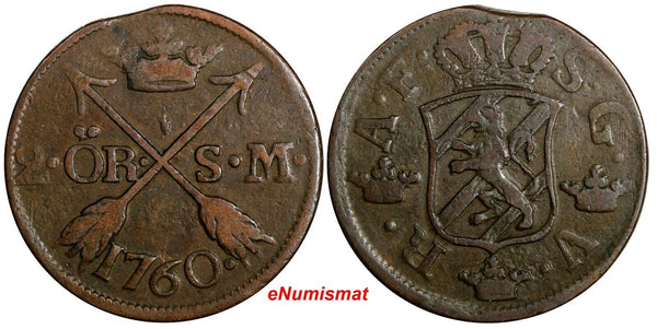 SWEDEN Adolf Frederick (1751-1771) 1760 S.M. 2 Ore Mintage-558,000 KM#461 (098)