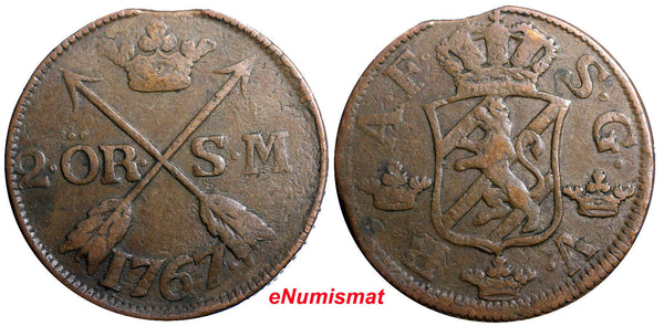 SWEDEN COPPER Adolf Frederick 1767 2 Ore,S.M  Low Mintage:467,000  KM#461 (2378)