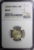 India-British George VI Silver 1939 (C) 1/4 Rupee Calcutta NGC MS61 KM# 544 (01)