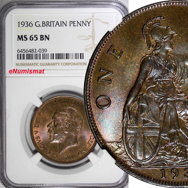GREAT BRITAIN George V Bronze 1936 1 Penny NGC MS65 BN NICE KM# 838 (039)