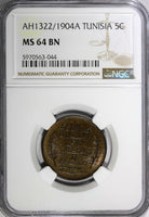 Tunisia Muhammad IV Bronze AH1322//1904 A 5 Centimes NGC MS64 BN KM# 228 (044)