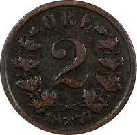 Norway Oscar II Bronze 1877 2 Ore Norwegian Lion BETTER DATE KM# 353 (20 837)