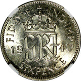 GREAT BRITAIN George VI Silver 1940 6 Pence NGC AU58  KM# 852