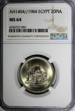 Egypt  AH1404//1984 20 Piastres NGC MS64 Mosque Mohamed Ali KM# 557 (091)