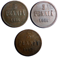 Finland Russia Alexander II Copper LOT of 3 COINS 1866 and 1867 5 Pennia KM# 4.1