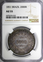 Brazil Pedro II Silver 1851 2000 Reis NGC AU55 Nice Toned 37mm KM# 462 (032)