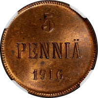 Finland Russian Tsar Nicolas II (1895-1917) 1916 5 Pennia NGC MS63 RB KM# 15/061