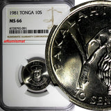 TONGA Copper-Nickel 1981 10 Seniti  NGC MS66 KEY DATE TOP GRADED KM# 69  (091)