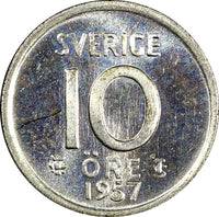 Sweden Gustaf VI SILVER 1957 10 Öre GEM BU COIN  KM# 823 (22 096)