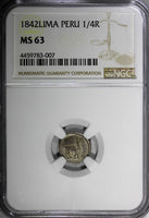 PERU Silver 1842 LIMA 1/4 Real NGC MS63 Light Toned TOP GRADED BY NGC KM# 143.1