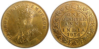 India-British George V Bronze 1936 (B) 1/4 Anna ch.UNC Toned KM# 512  (23 661)