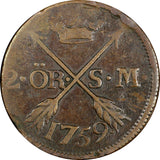 SWEDEN COPPER Adolf Frederick 1759 2 Ore,S.M Low Mintage352,000 SCARCE KM461 (6)