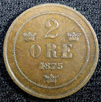 Sweden Oscar II Copper 1875 2 Ore SCARCE KM# 735   (23 119)