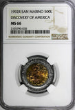 San Marino 1992 R 500 Lire Discovery of America NGC MS66 TOP GRADED KM# 286(030)