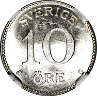 SWEDEN Gustaf V Silver 1941-G 10 Ore NGC MS63 WWII Issue Light Toned KM# 780 (9)