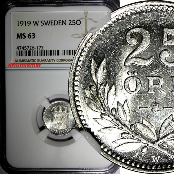 SWEDEN GUSTAF V SILVER 1919 W 25 Ore NGC MS63 KM# 785 (172)