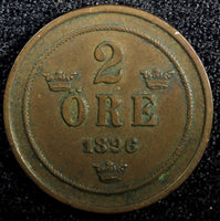 SWEDEN Oscar II Bronze 1896  2 Ore Large Letters KM# 746  (23 118)