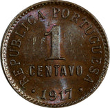 Portugal Bronze 1917 1 Centavo 1st Year Type UNC Condition KM# 565 (18 442)