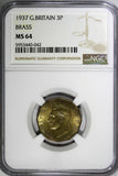 Great Britain George VI Brass 1937 3 Pence NGC MS64 1st Year Type KM# 849 (042)