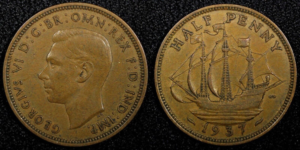 Great Britain George VI Bronze 1937 1/2 Penny 1st Year Type KM# 844 (24 227)