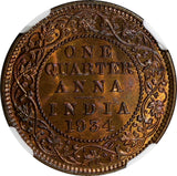 India-British George V Bronze 1934 (C) 1/4 Anna NGC MS65 RB NICE RED KM# 512/134