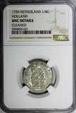 Netherlands HOLLAND Silver 1759 1/4 Gulden NGC UNC DETAILS KM# 100 (021)