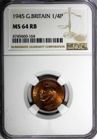 Great Britain George VI Bronze 1945 Farthing NGC MS64 RB RED TONING KM# 843 (64)