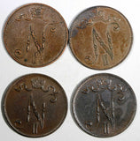 Finland Nicholas II Copper LOT OF 4 COINS 1916 5 Pennia KM# 15