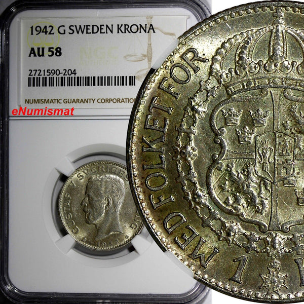 SWEDEN Gustaf V Silver 1942 G 1 Krona NGC AU58 KEY DATE RARE  KM# 786.2 (204)