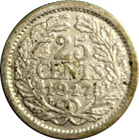 Netherlands Wilhelmina I Silver 1917 25 Cents 19mm KM# 146