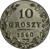 Poland Nicholas I Silver 1840 MW 10 Groszy Warszawa mint  aUNC Condition C# 113a