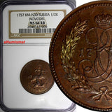 RUSSIA Elizabeth Copper 1757 Denga 1/2 Kopeck NGC MS64 RB Bit-502 (R2) KM#N30(8)