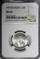 India-British George VI Silver 1941 (B) 1/2 Rupee Bombay NGC MS62 KM# 551 (045)