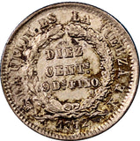 Bolivia Silver 1872 FE  10 Centavos Potosi Choice XF Condition Toned KM# 158.1