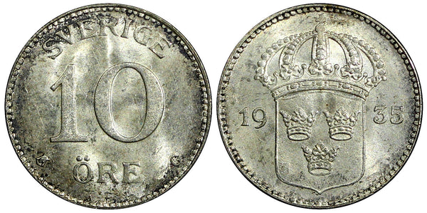 SWEDEN Gustaf V Silver 1935 G 10 Öre UNC Toned KM# 780 (21 899)