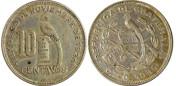 GUATEMALA Silver 1936 10 Centavos British Mint BETTER DATE KM# 239.2 (23 221)